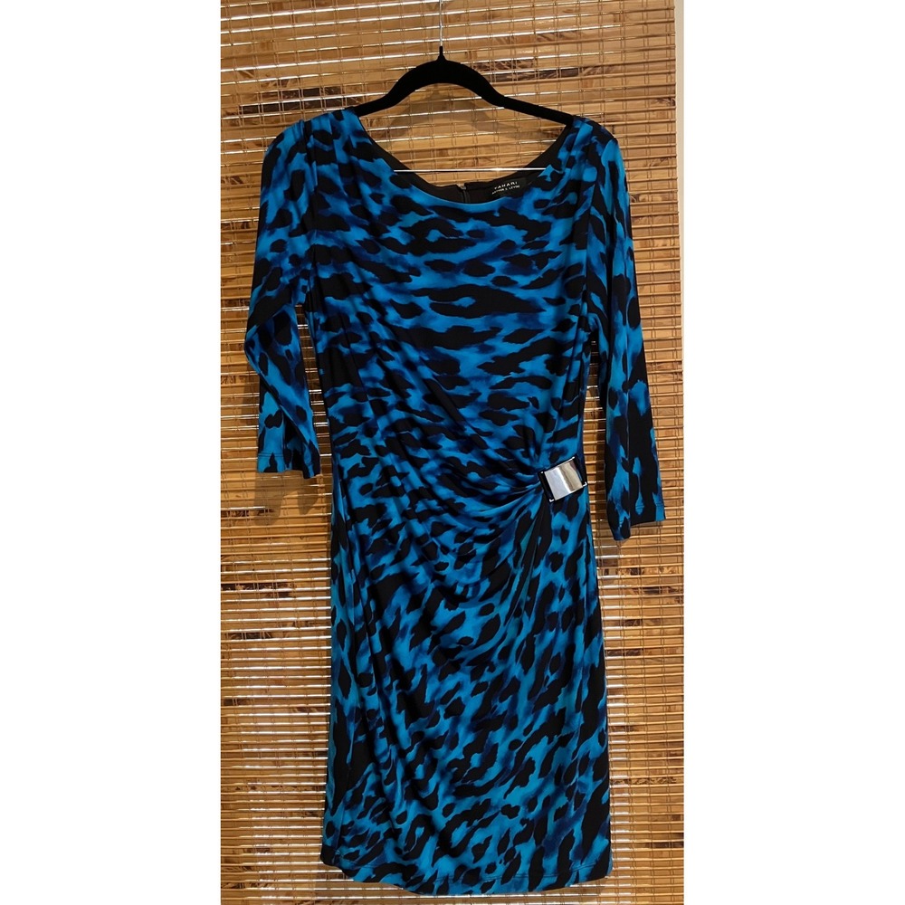 Tahari Arthur S Levine Blue‎ Black Animal Print Ruched Sheath Dress 6 Buckle